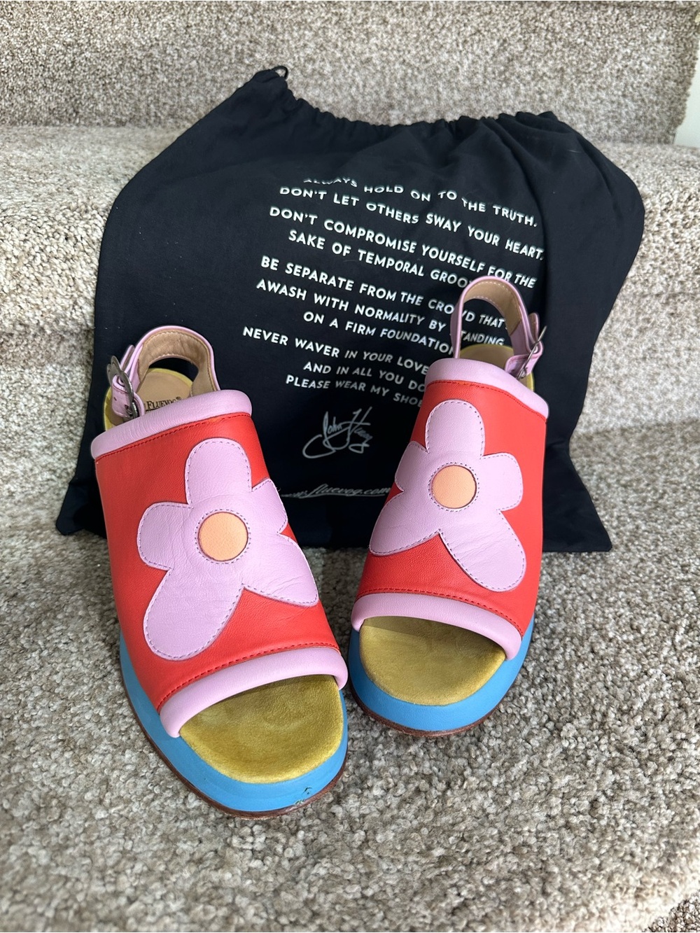Fluevog Ladies Size 9  Red & Pink Flower Sandals
